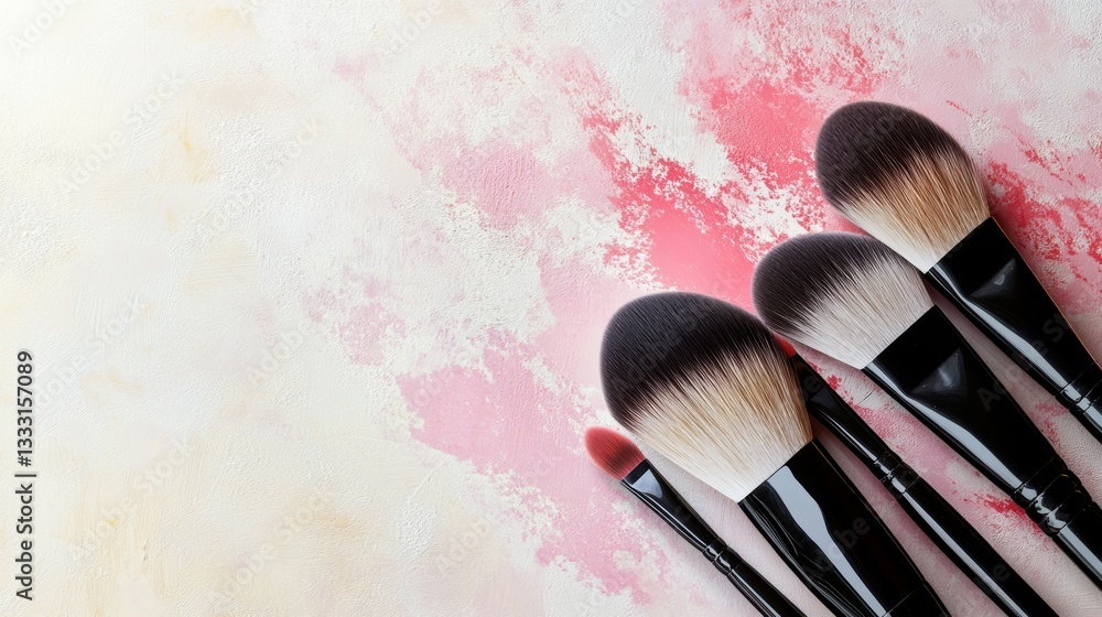 Poster makeup brushes artfully arranged on soft pastel background with gentle blush strokes generative ai
