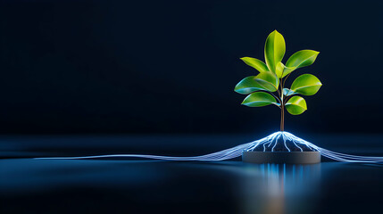 Digital World Tree: Green Plant Growing from Network Cables and Pipes
