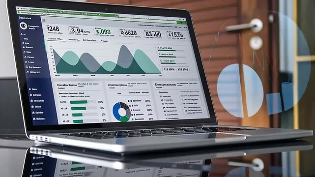 Laptop Displaying Financial Data Analytics with Graphs and Charts in Modern Workspace for Performance Metrics and Trends Analysis