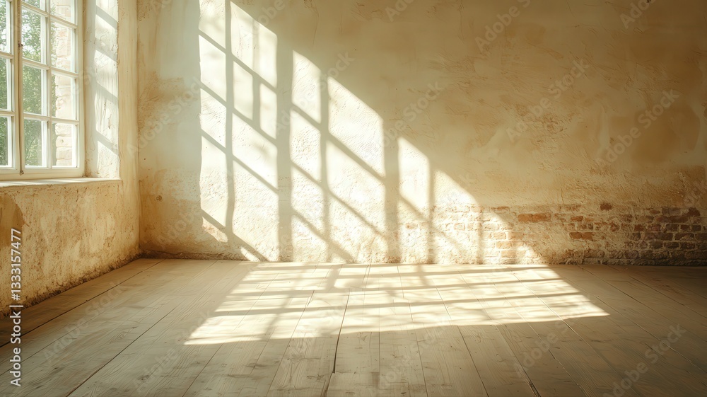 Poster Sunlit Empty Room with Gridded Window Shadows
