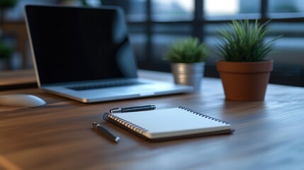 Fototapeta premium Modern workspace with laptop, notebook, and plants