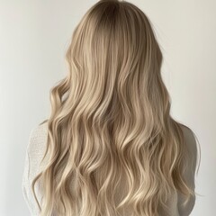 Fototapeta premium A woman with long blonde hair poses against a plain white wall.