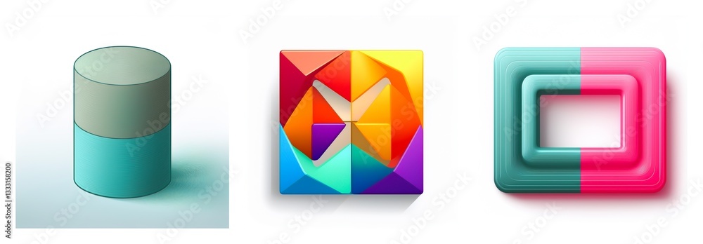 Aufkleber three distinct shapes are presented: a two-tone cylinder, a colorful square made of triangles, and a