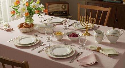 Fototapeta premium Elegant Pink Table Setting with Gold Trimmed Porcelain Floral Arrangement and Menorah