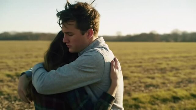 couple hugging in ground, young couple hugging, man hug her depressed wife, young man hug her depressed wife, sad couple, ai generated