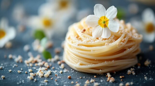 Nestled pasta with spring flowers