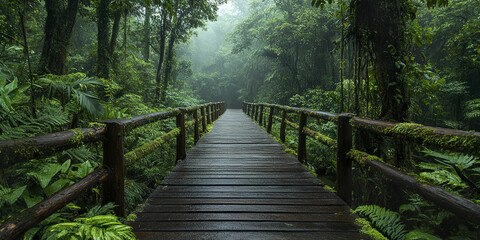 Obraz premium wooden bridge covered in moss leads through lush tropical rainforest