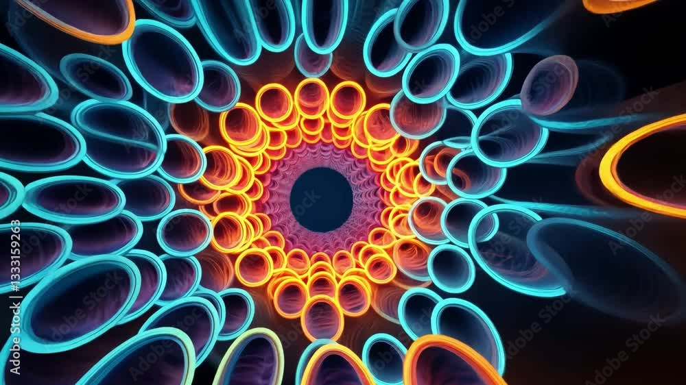 Poster vibrant abstract design glowing colorful circles in blue, orange, and purple create mesmerizing tunn
