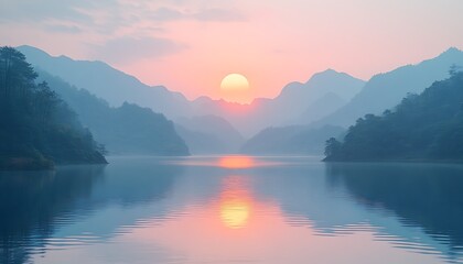 Serene Sunset Over Misty Lake and Mountains