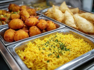 Colorful assortment of Indian snacks and dishes including golden rice, crispy samosas, and savory fritters displayed in stainless steel serving trays