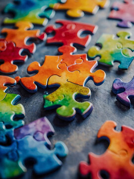Interlocking puzzle pieces in colorful watercolor, symbolizing diversity