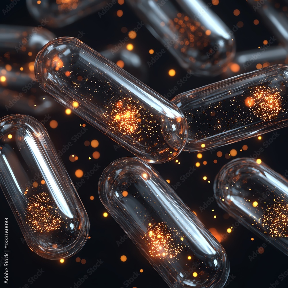 Poster capsules filled with glowing particles floating in a dark background create a captivating visual eff