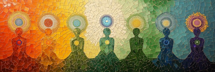 Mosaic of figures radiates color and light.