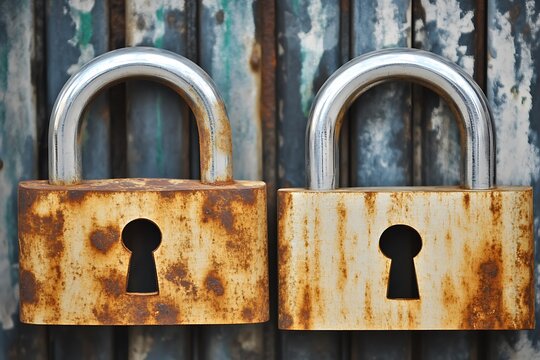 Rusty Padlocks on Grunge Metal Gate.