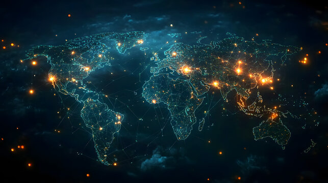 A Connected World Map with Glowing Lines and Cities