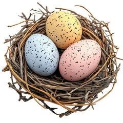 Obraz premium Decorative Pastel Speckled Eggs in a Wicker Nest - Perfect for Easter Spring Celebration