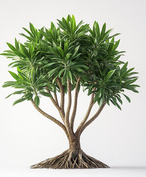 Lush pandanus tree with long green leaves and thick trunk