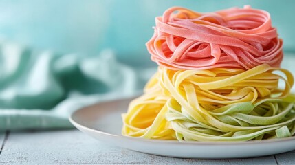 Three colorful pasta noodles arranged neatly on a plate.