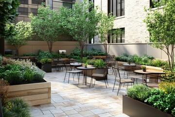 Tranquil Urban Garden Patio with Seating and Lush Greenery