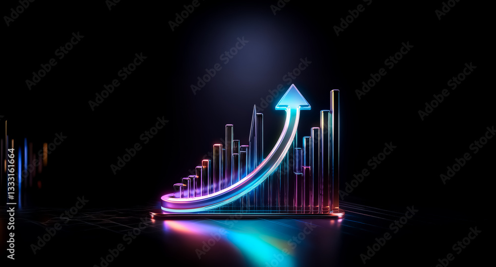Poster neon bar chart with a glowing upward arrow against a dark backdrop, symbolizing progress and growth 