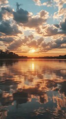 Naklejka premium Sunset Reflecting Over Still Water, Cloudy Sky
