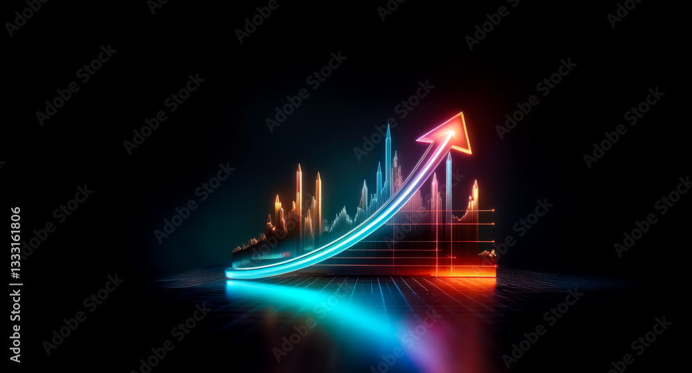Poster a vibrant neon arrow ascends diagonally across a dark backdrop, symbolizing progress and growth. an 