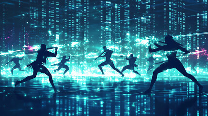 Futuristic scene with silhouetted figures engaged in a digital battle amidst a glowing cityscape
