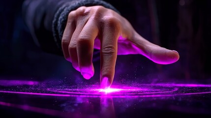 Closeup Hand Touching Glowing Purple Surface, Sparks and Mystical Atmosphere