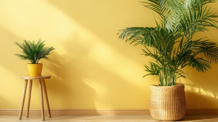 Obraz premium Sunlit Interior with Palm and Fern Plants Against Yellow Wall