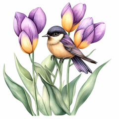 A Floral Embrace: A charming songbird perched amidst a vibrant display of purple tulips, exuding tranquility and the freshness of spring, creates an inviting scene.
