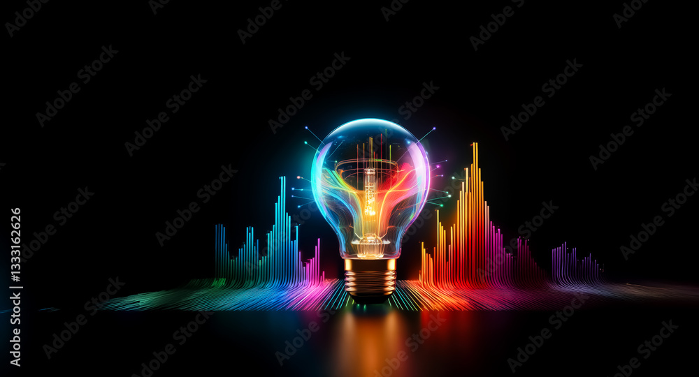 Poster a radiant light bulb illuminates with a spectrum of vibrant colors, creating waves of energy on a st