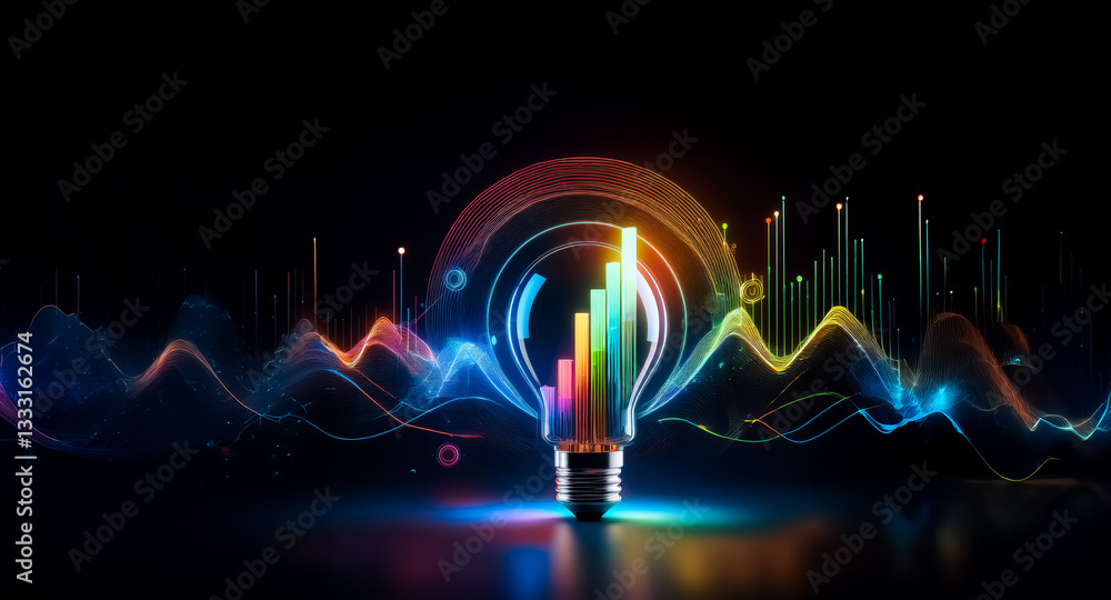 Poster colorful lightbulb emits vibrant waves and bar charts on a dark backdrop. illuminating idea concept 