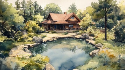 Idyllic Rustic House Surrounded by Nature and Calm Pond Reflection