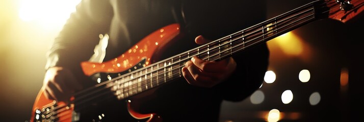 Obraz premium A musician plays bass guitar in a dimly lit room, creating a moody atmosphere.