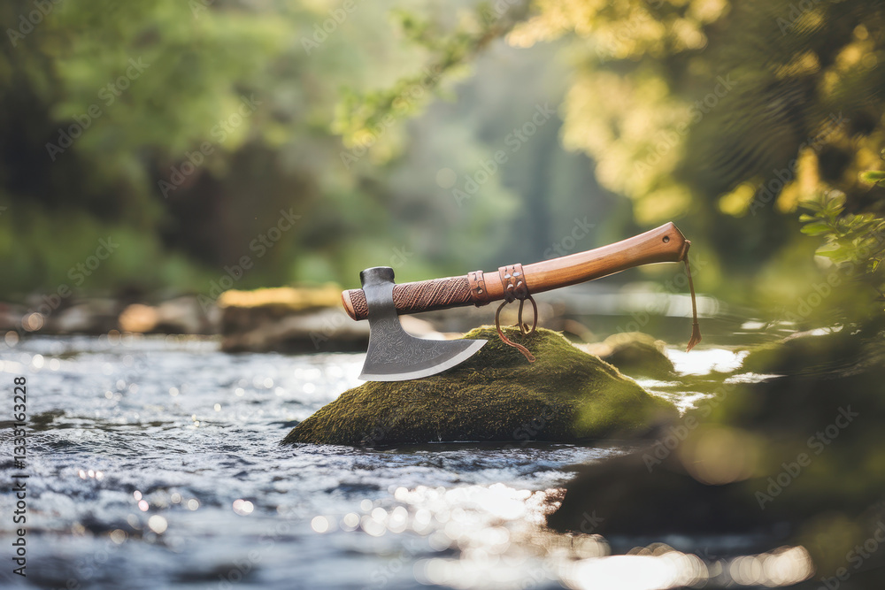 Aufkleber Rustic Axe Resting on a Mossy Rock by a Serene Stream with Soft Natural Lighting