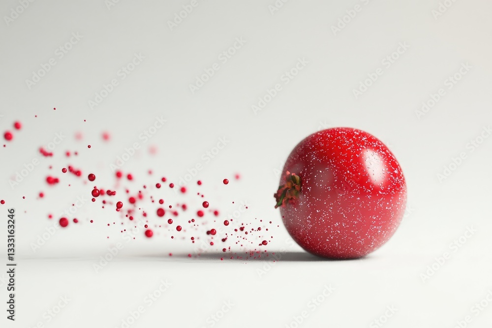 Poster a red pomegranate with small red spheres exploding from it against a white background.