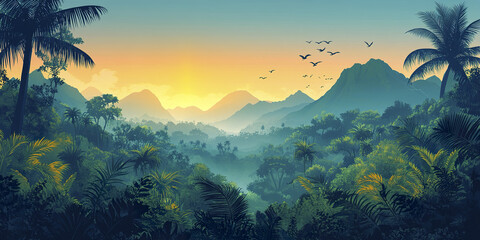 Tropical landscape with mountains and sunrise, birds flying in sky