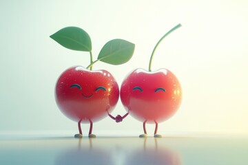 Two cute cartoon cherries holding hands, expressing friendship and love.