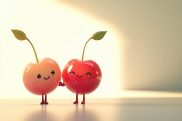 Two cute cartoon cherries holding hands, smiling happily in soft light.