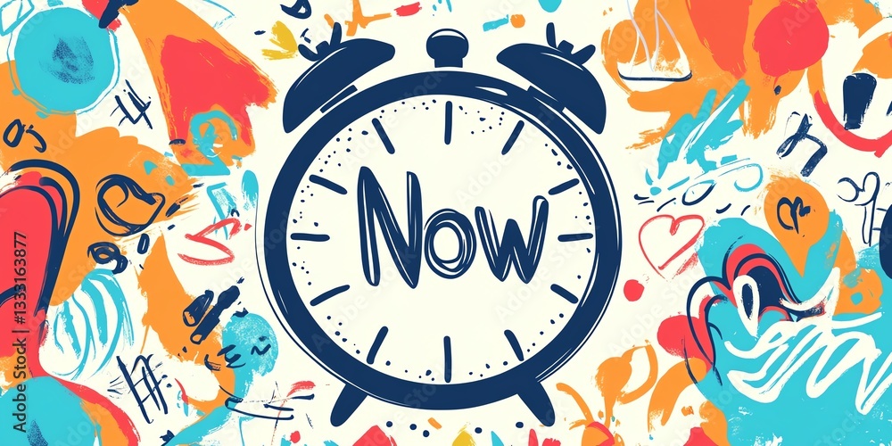 Poster clock illustration with the word now surrounded by colorful doodles and patterns representing creati
