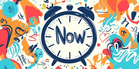 Clock Illustration With the Word Now Surrounded by Colorful Doodles and Patterns Representing Creativity and Urgency