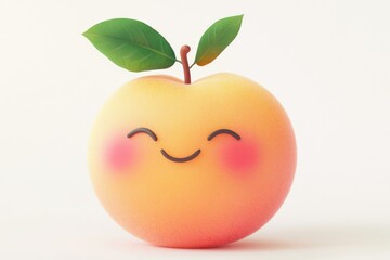 A cute, smiling peach with two green leaves on top, rendered in 3D.