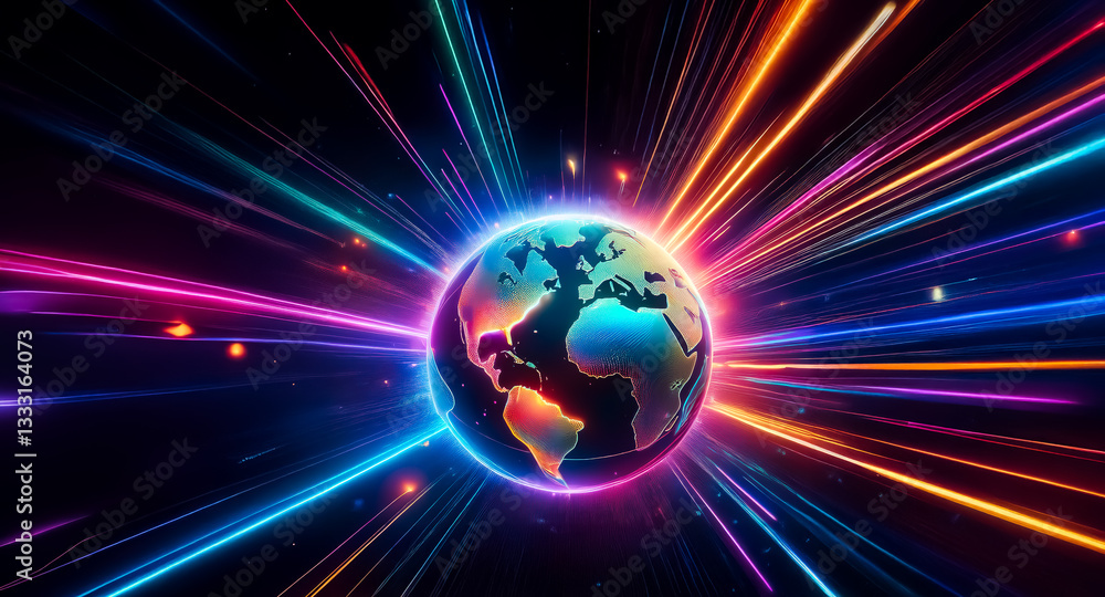 Poster vibrant neon lights burst from a central globe in space, illuminating the darkness with colorful ray