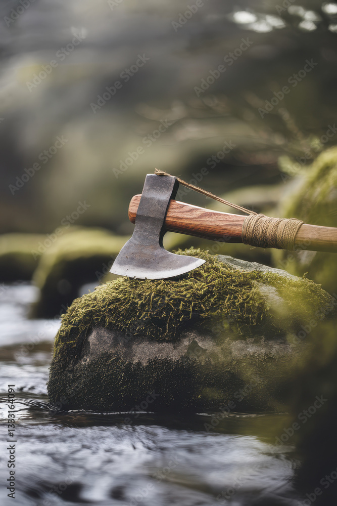 Aufkleber rustic axe resting on mossy rock beside gentle stream in a serene natural setting