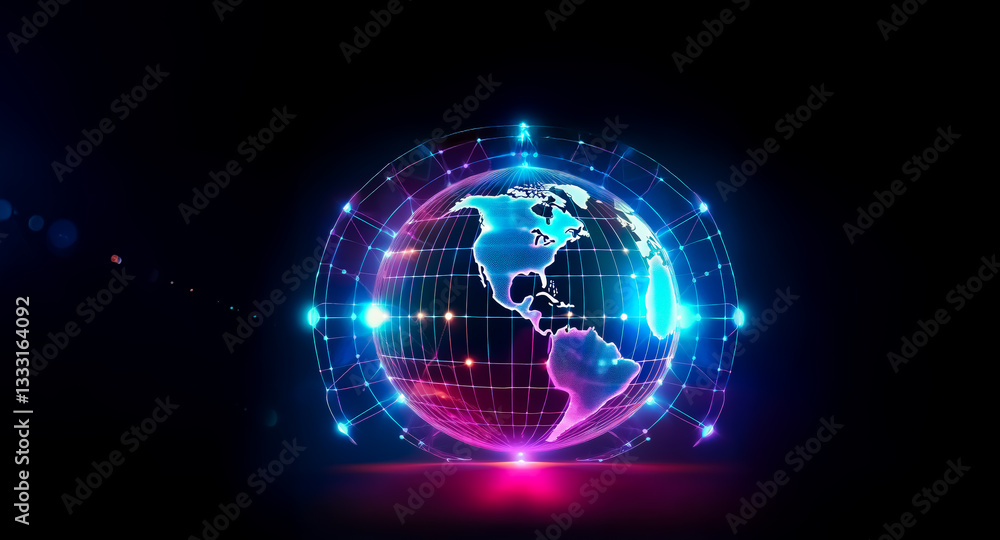 Poster a glowing globe with a digital network grid surrounds it against a dark backdrop. bright neon lights