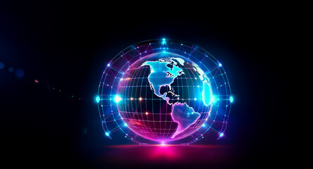 Obraz premium A glowing globe with a digital network grid surrounds it against a dark backdrop. Bright neon lights highlight the continents and network connections.