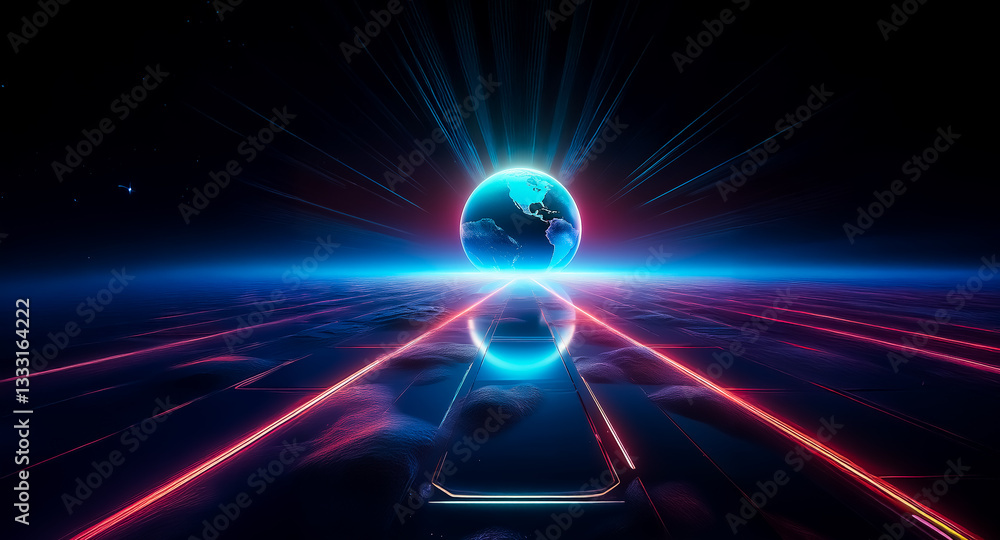 Poster a radiant globe illuminates a dark, reflective plane with converging red and blue lines. beams of li