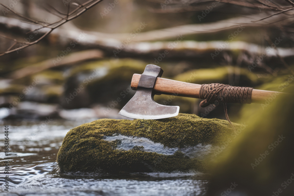 Aufkleber rustic axe resting on mossy rock beside a tranquil stream in a natural setting