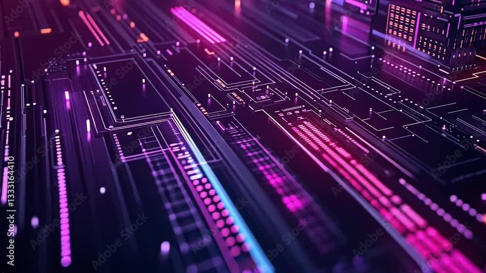 Poster futuristic digital circuit design colorful neon patterns and lines showcasing technology and innovat