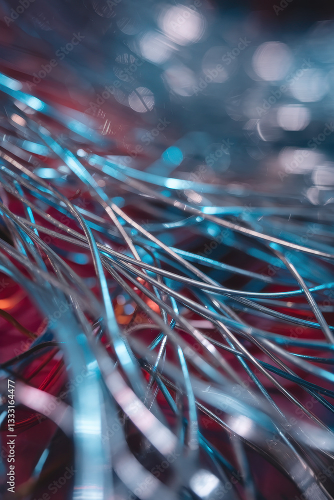 Poster abstract metallic lines with blue and red hues creating a dynamic visual experience